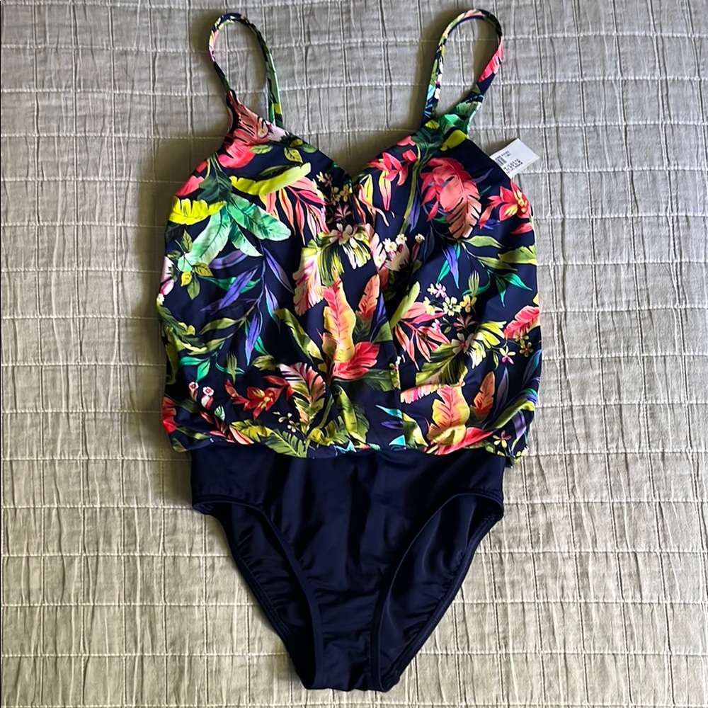 NWOT Gorgeous Flattering FauxKini from Lands End; Tropical floral; size 2 Long